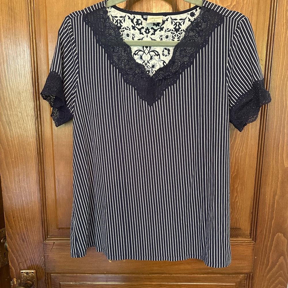 Soma Navy and White Pinstripe Lace-Trim V-Neck Tee